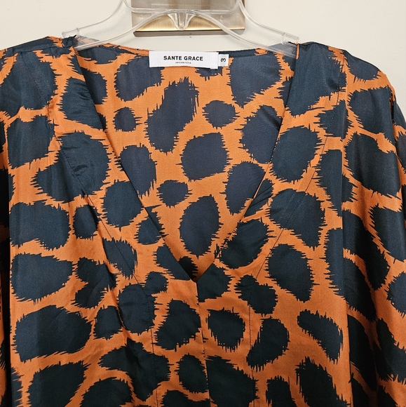 Sante Grace Tangerine Orange and Navy Printed Silk Habotai Caftan One Size - Picture 8 of 9